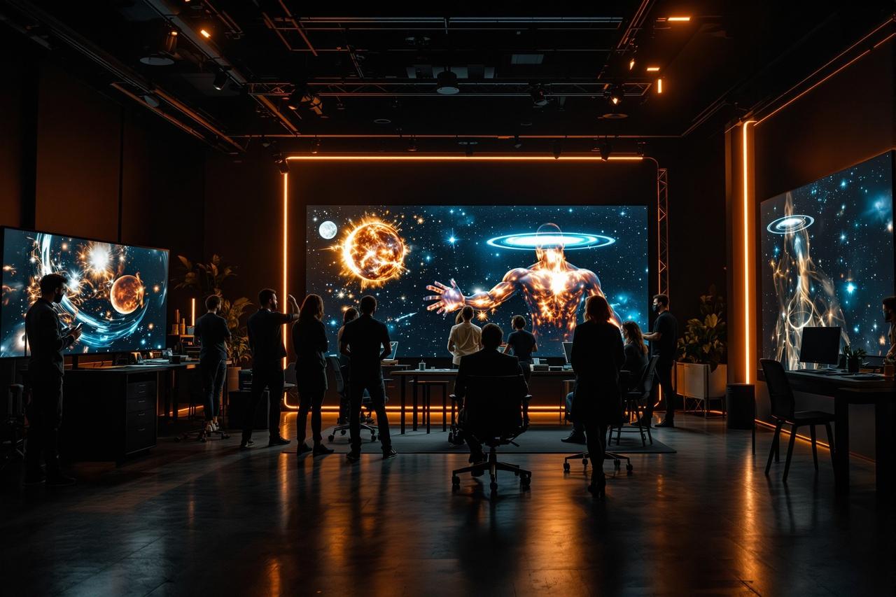 星辰电影科研团队在现代化暗色调工作室协作,大屏幕显示宇宙可视化画面
