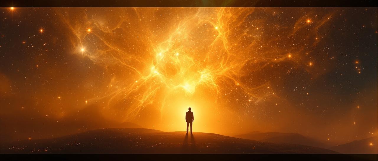 人类面对宇宙未知的抽象艺术表现,小人影对比浩瀚金色星云